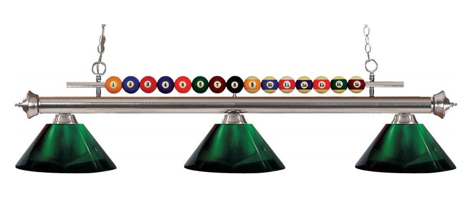 Brushed Nickel  3 Light Billiard Chandelier with Green Acrylic Shades by Z-Lite