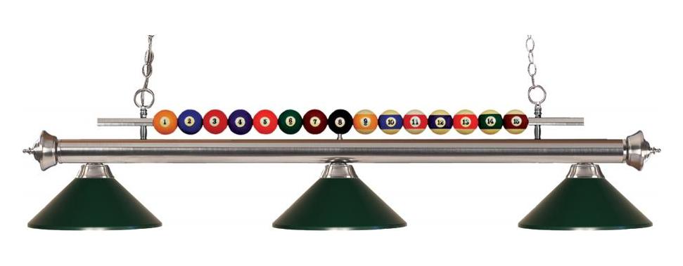 Brushed Nickel  3 Light Billiard Chandelier with Green Metal Shades by Z-Lite
