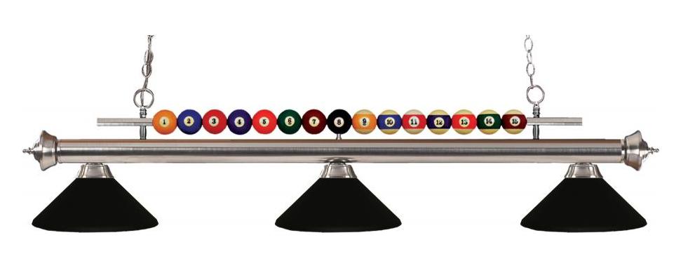Brushed Nickel  3 Light Billiard Chandelier with Black Metal Shades by Z-Lite