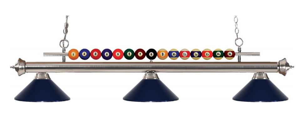 Brushed Nickel  3 Light Billiard Chandelier with Blue Metal Shades by Z-Lite