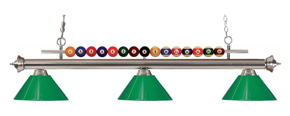 Brushed Nickel  3 Light Billiard Chandelier with Green Acrylic Shades by Z-Lite
