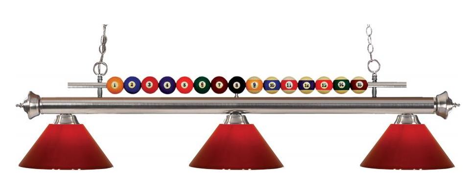 Brushed Nickel  3 Light Billiard Chandelier with Red Acrylic Shades by Z-Lite