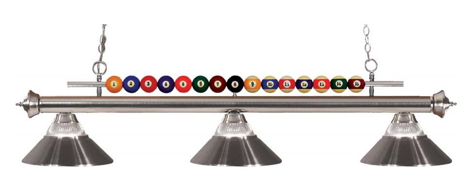 Nickel  3 Light Billiard Chandelier with Clear Glass and Black Metal Shades by Z-Lite