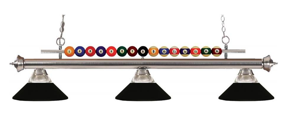 Nickel  3 Light Billiard Chandelier with Clear Glass and Black Metal Shades by Z-Lite