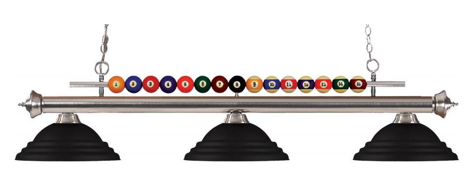 Brushed Nickel  3 Light Billiard Chandelier with Black Metal Shades by Z-Lite