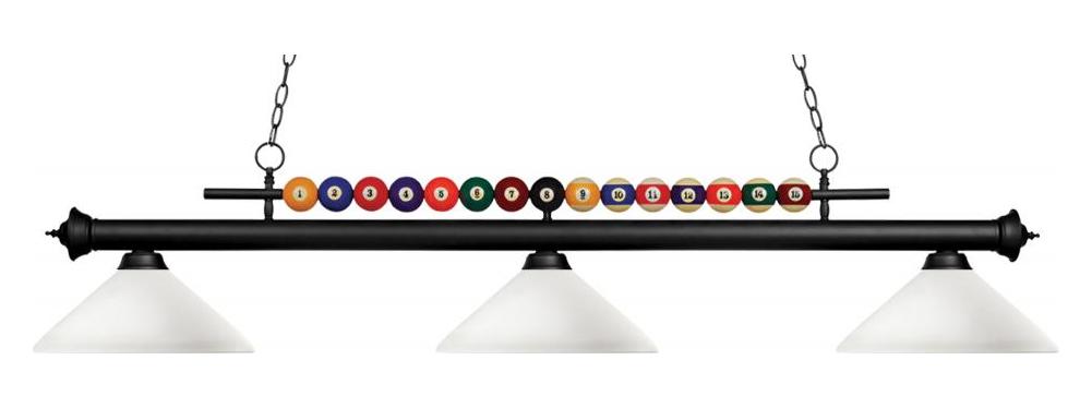 Matte Black  3 Light Billiard Chandelier with White Glass Shades by Z-Lite