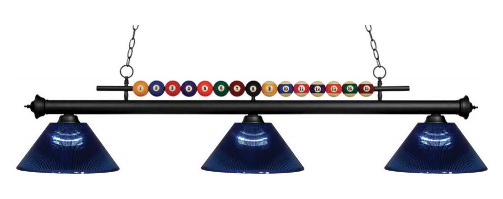 Matte Black  3 Light Billiard Chandelier with Blue Acrylic Shades by Z-Lite