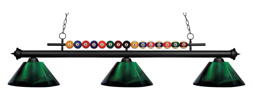 Matte Black  3 Light Billiard Chandelier with Green Acrylic Shades by Z-Lite