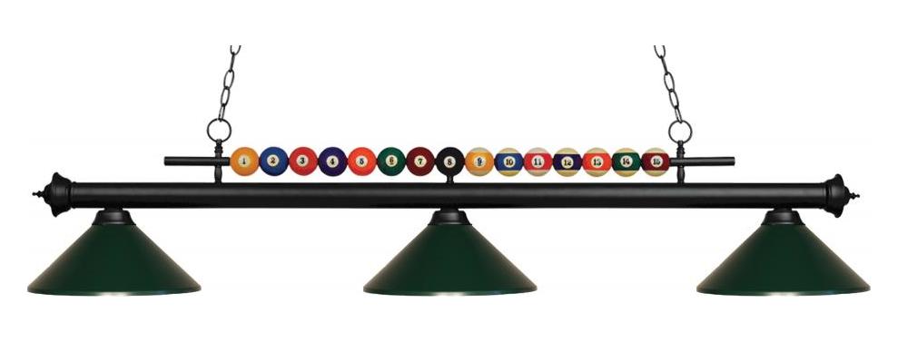 Matte Black  3 Light Billiard Chandelier with Green Metal Shades by Z-Lite