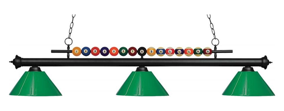 Matte Black  3 Light Billiard Chandelier with Green Acrylic Shades by Z-Lite