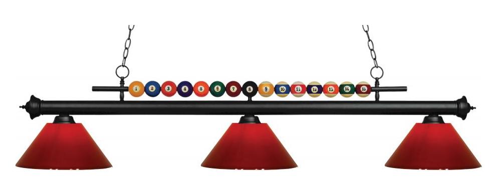Matte Black  3 Light Billiard Chandelier with Red Acrylic Shades by Z-Lite