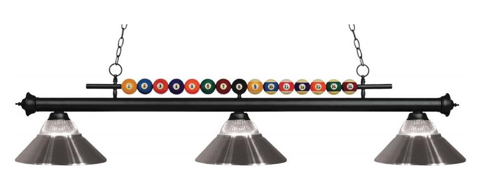 Black  3 Light Billiard Chandelier with Clear Glass and Nickel Metal Shades by Z-Lite