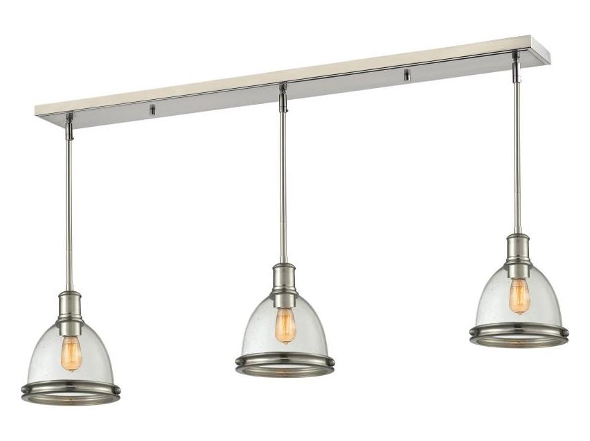 Brushed Nickel  3 Light Linear Pendant with Seedy Clear Glass Shades by Z-Lite