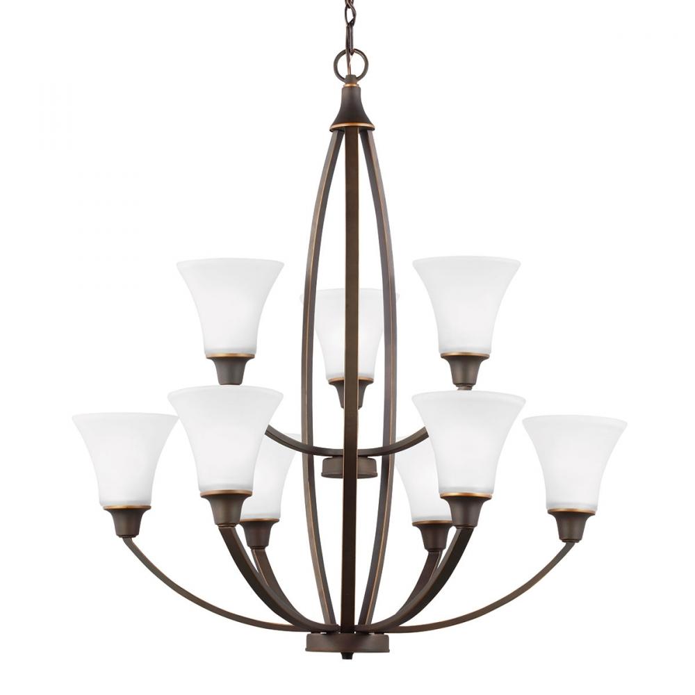Nine Light Chandelier In Autumn Bronze With Satin Etched Glass by Generation Lighting