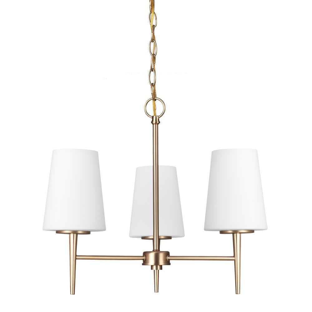 Three Light Chandelier In Satin Bronze With Etched Glass Painted White by Generation Lighting