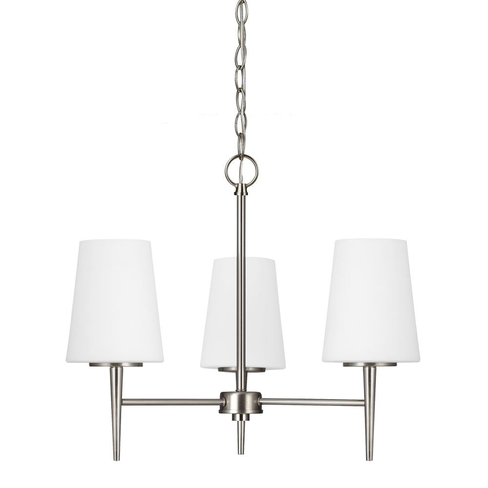 Three Light Chandelier In Brushed Nickel With Etched Glass Painted Whit by Generation Lighting