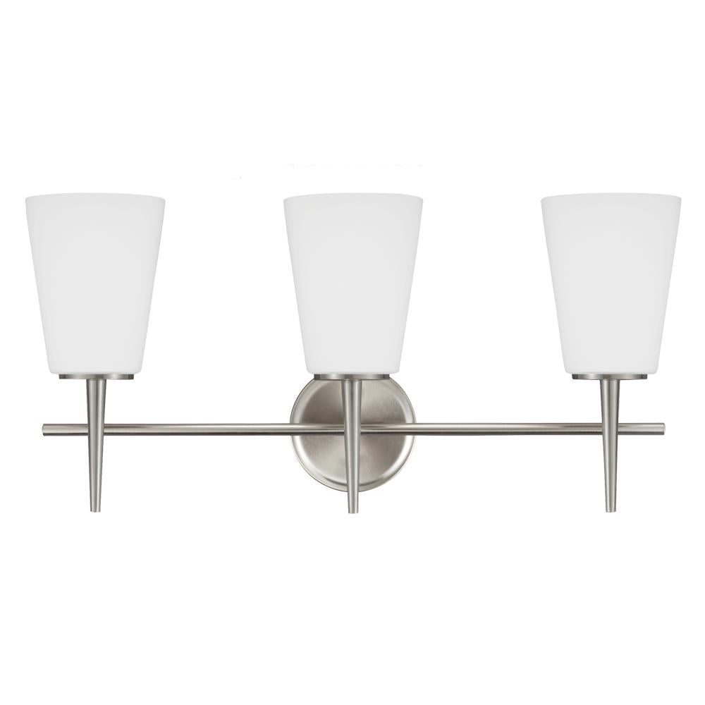Three Light Wall / Bath Vanity In Brushed Nickel With Etched Glass Pain by Generation Lighting
