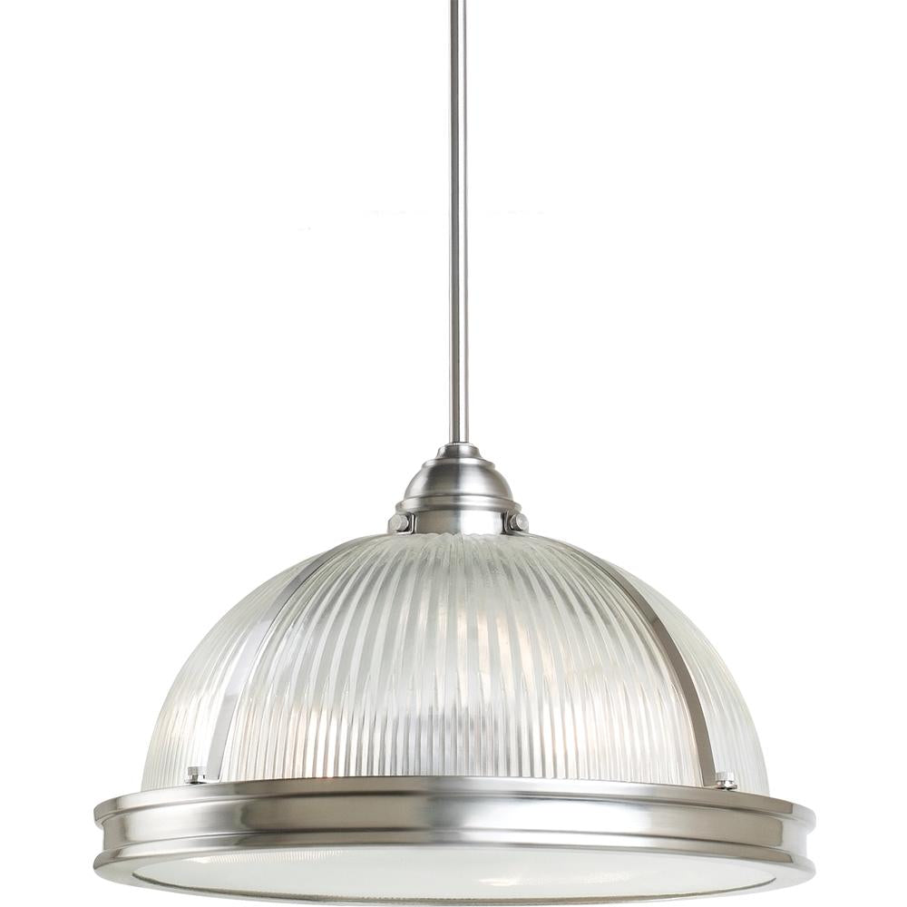 Three Light Pendant In Brushed Nickel With Prismatic Glas by Generation Lighting