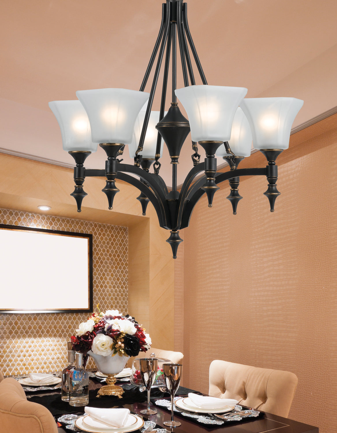 Dark Bronze 6 Lights  Iron Chandelier With Glass Shade