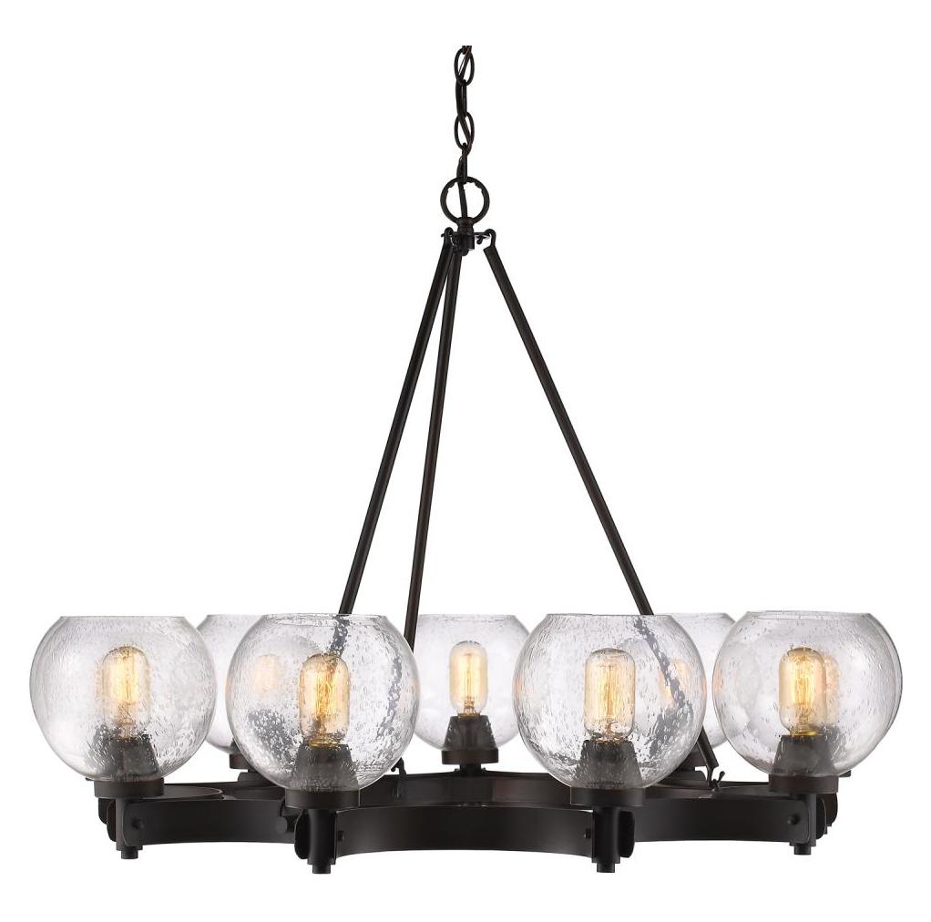 Rubbed Bronze  9 Light Mini Chandelier with Seedy Glass Shades by Golden