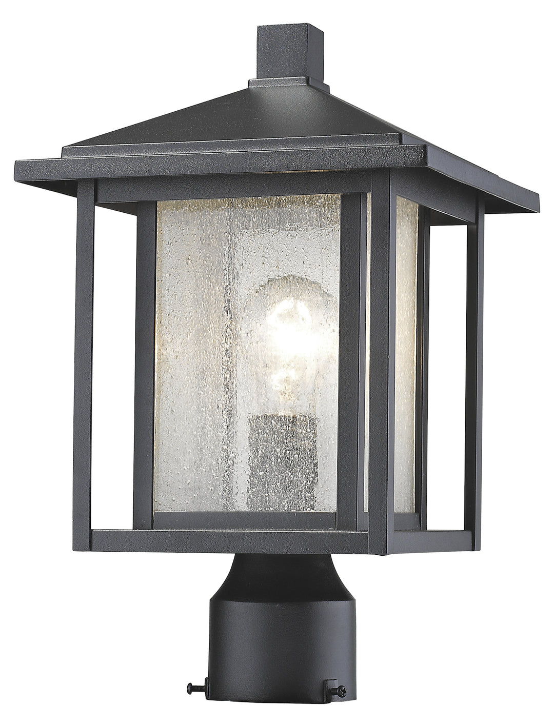 Black  Single Light 15in Tall Outdoor Post Light with Seedy Glass Shade by Z-Lite