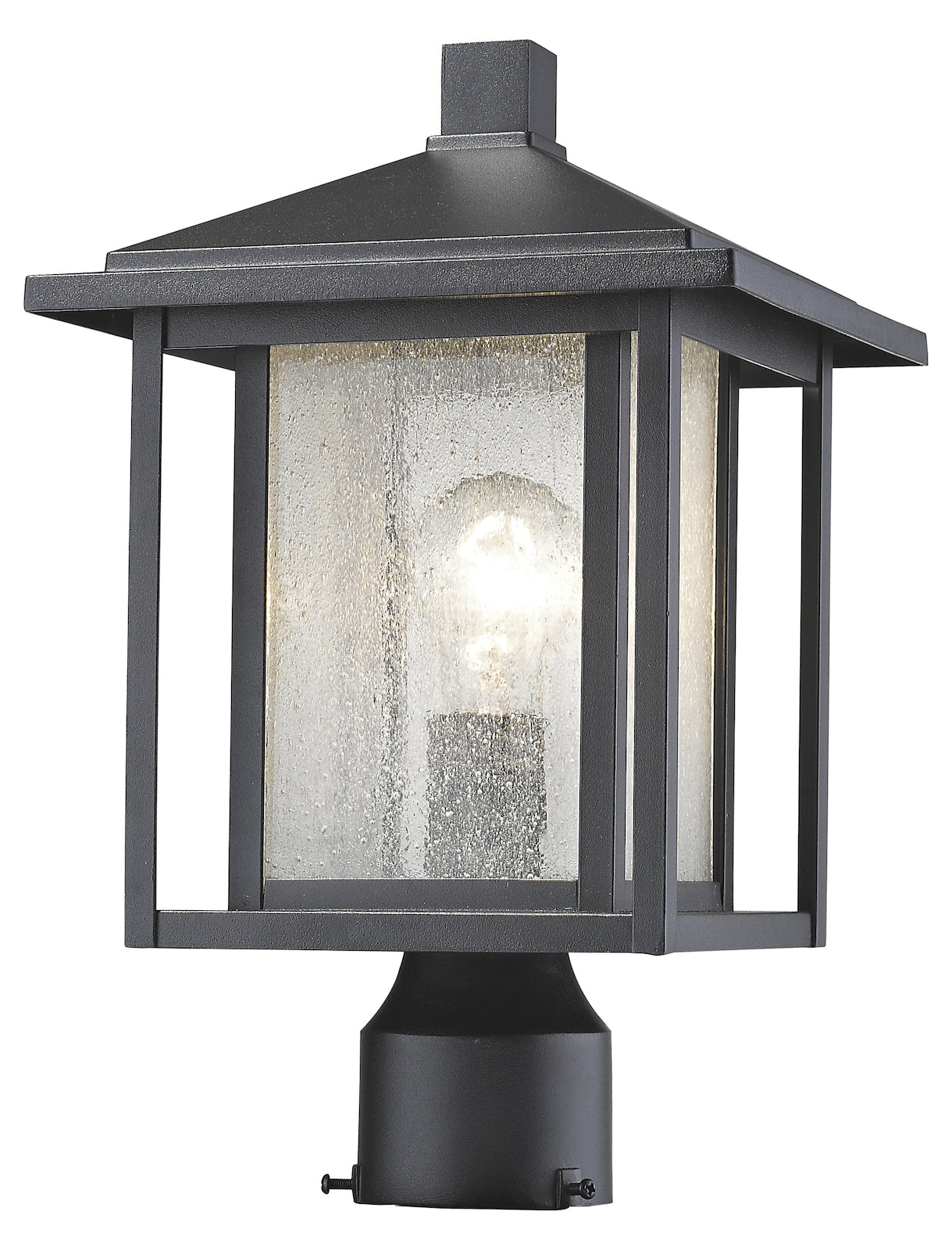 Black  Single Light 15in Tall Outdoor Post Light with Seedy Glass Shade by Z-Lite