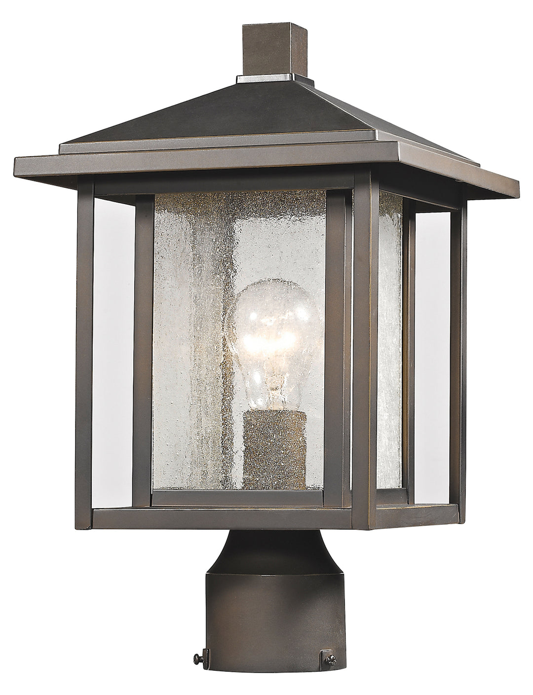 Bronze  Single Light 15in Tall Outdoor Post Light with Seedy Glass Shade by Z-Lite