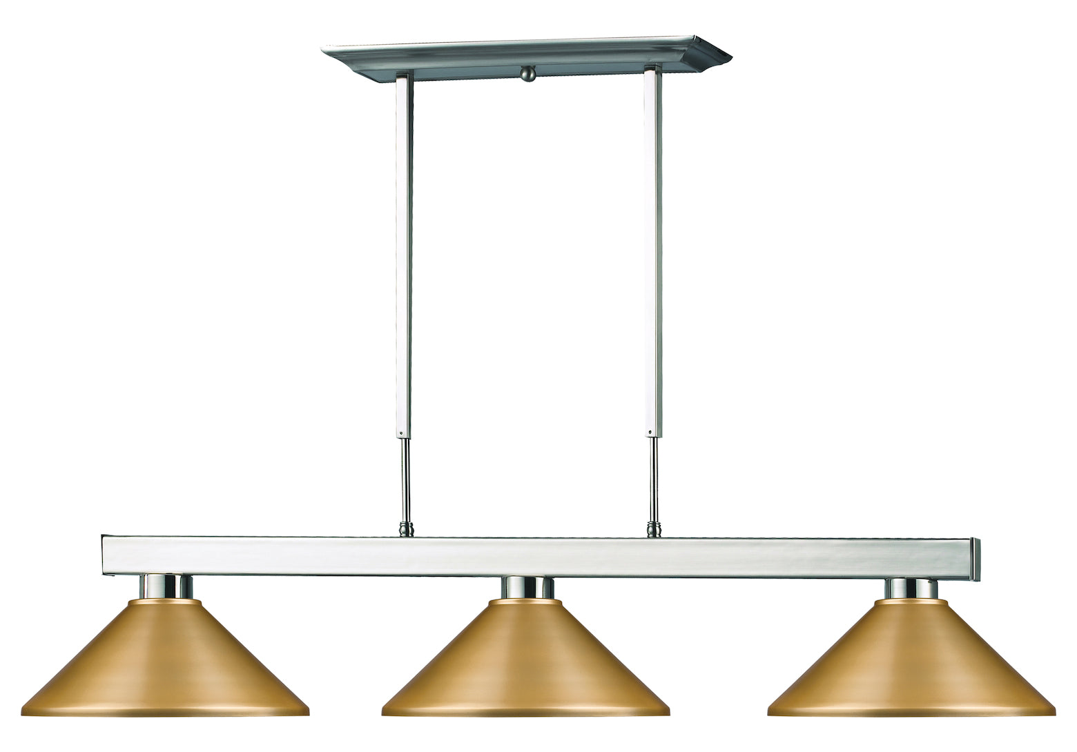 Nickel  3 Light 46in Wide Billiard Pendant with Satin Gold Metal Shade by Z-Lite