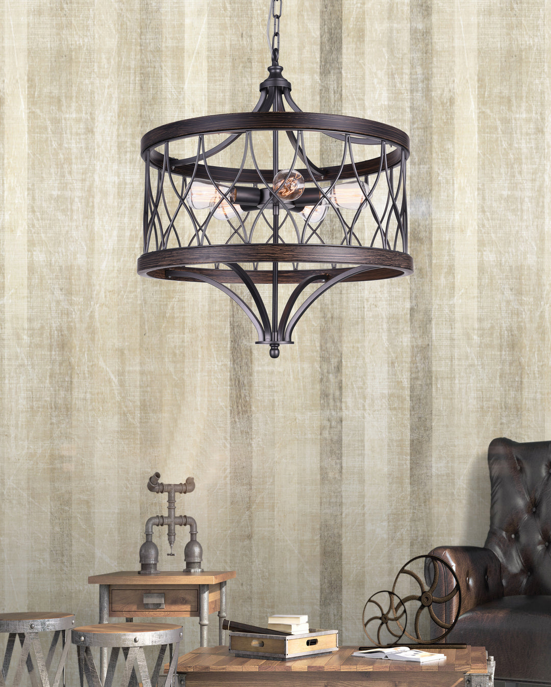 5 Light Drum Shade Chandelier With Gun Metal Finish