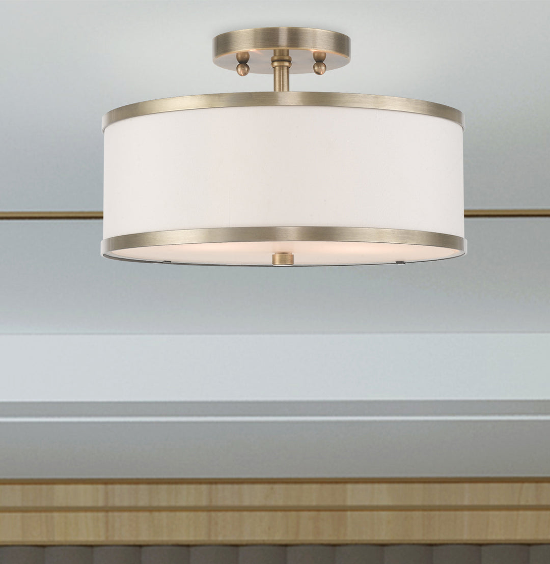 2 Light Ceiling Mount With Off-White Fabric Hardback Shade