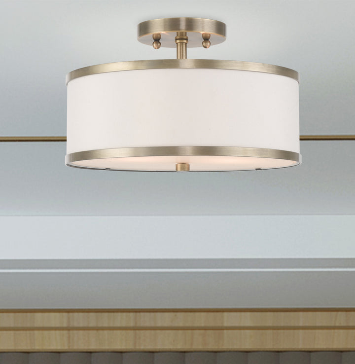 2 Light Ceiling Mount With Off-White Fabric Hardback Shade