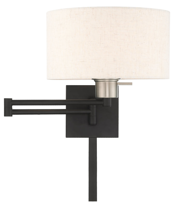 11 Inch 1 Light Swing Arm Wall Lamp With Oatmeal Fabric Hardback Shade