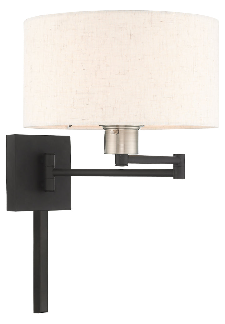 11 Inch 1 Light Swing Arm Wall Lamp With Oatmeal Fabric Hardback Shade