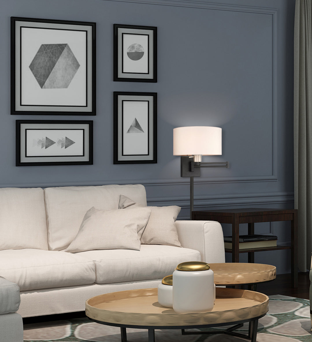 11 Inch 1 Light Swing Arm Wall Lamp With Off-White Fabric Hardback Shade