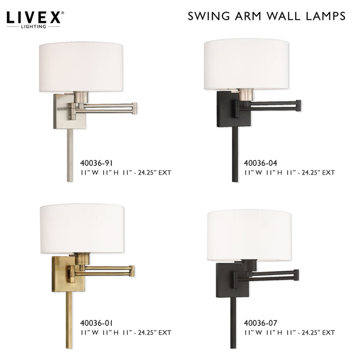 11 Inch 1 Light Swing Arm Wall Lamp With Off-White Fabric Hardback Shade