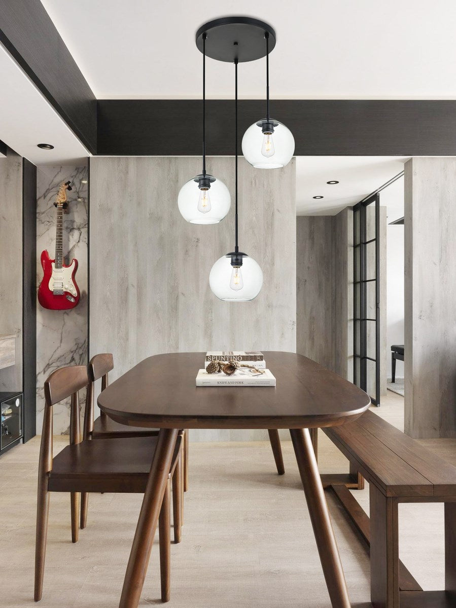 3 Lights Black Pendant With Clear Glass