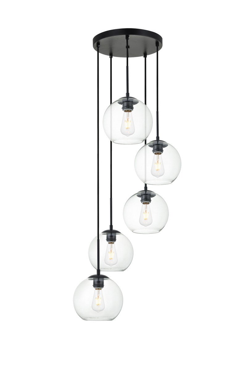 5 Lights Black Pendant With Clear Glass by Living District