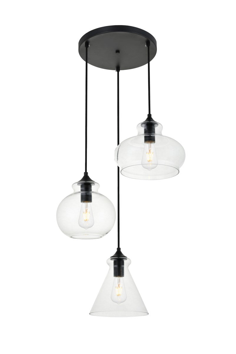 3 Lights Black Pendant With Clear Glass by Living District