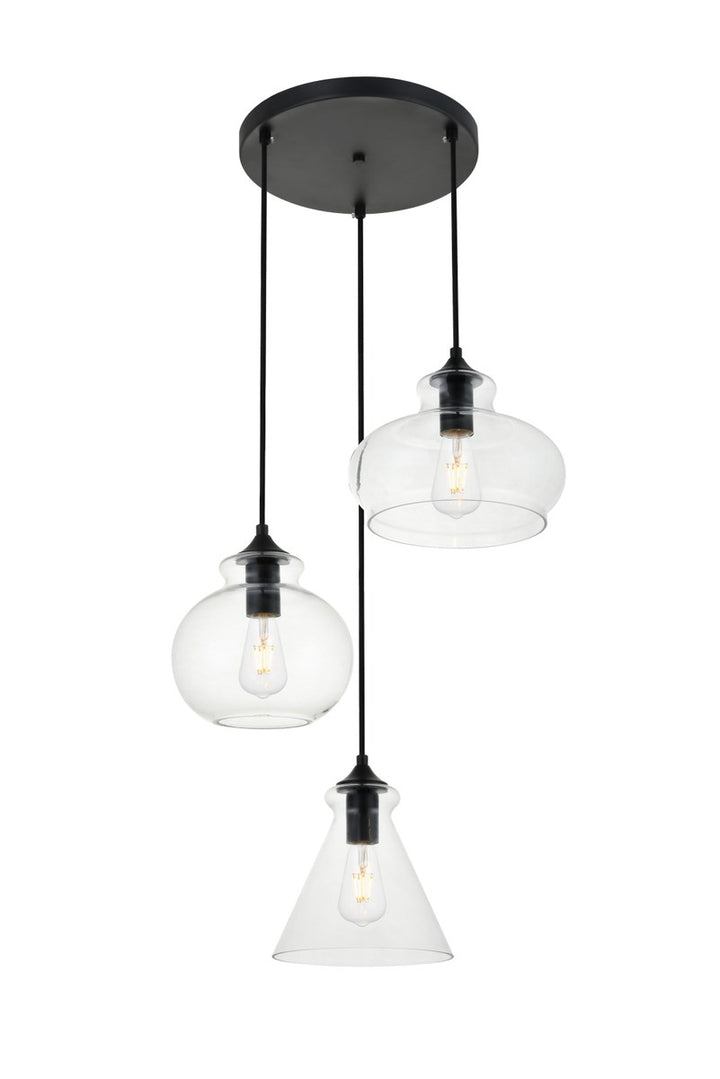 3 Lights Black Pendant With Clear Glass by Living District