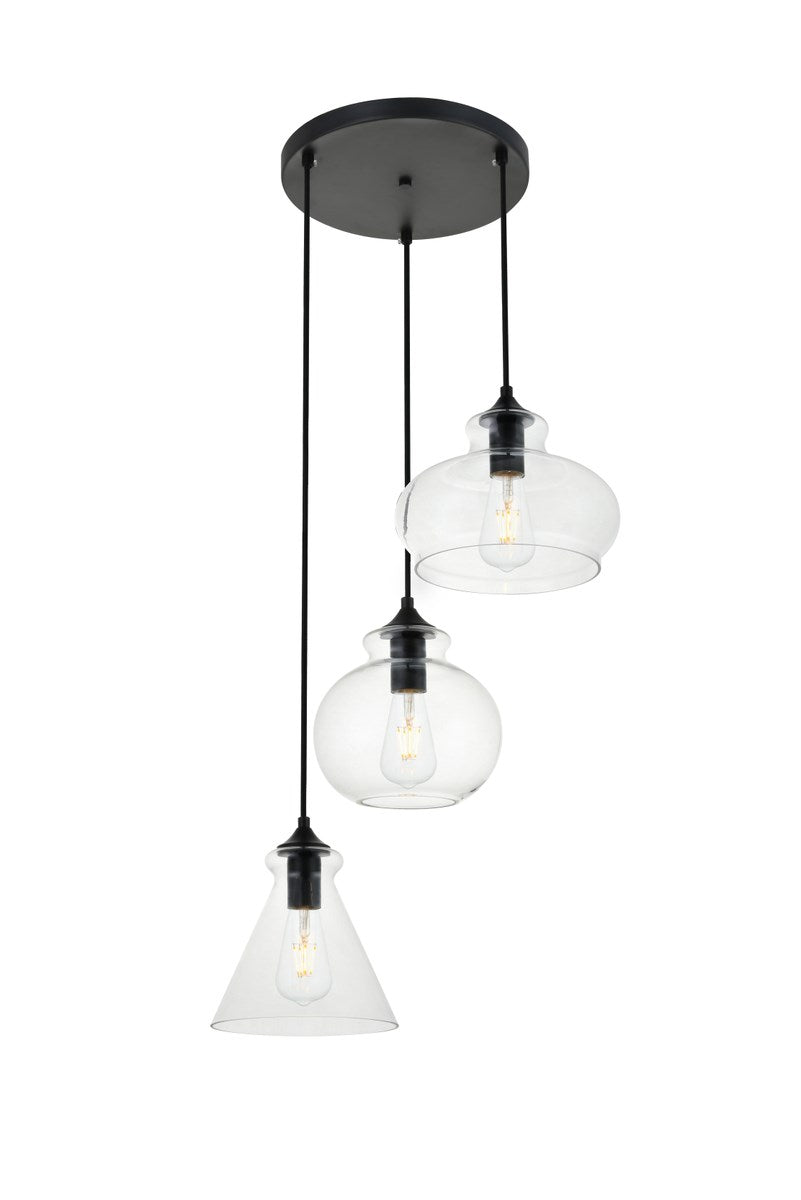3 Lights Black Pendant With Clear Glass