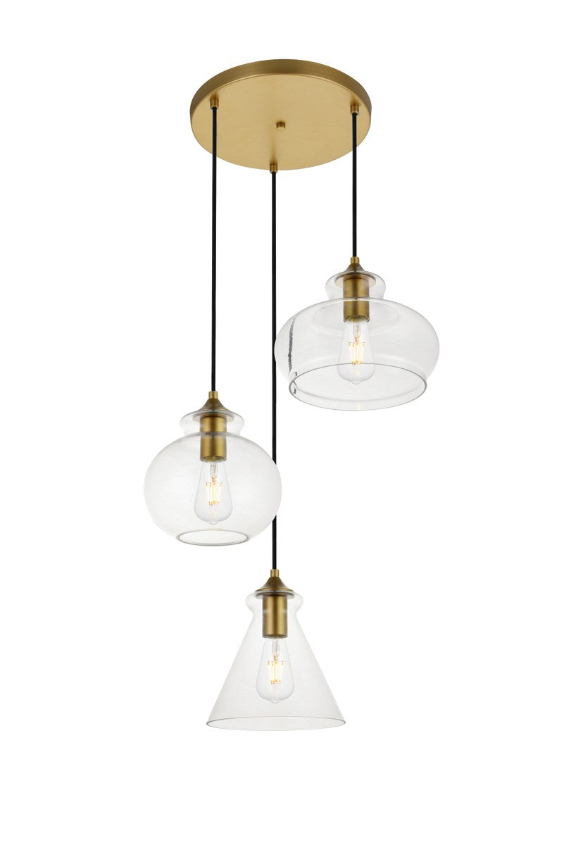 3 Lights Brass Pendant With Clear Glass by Living District