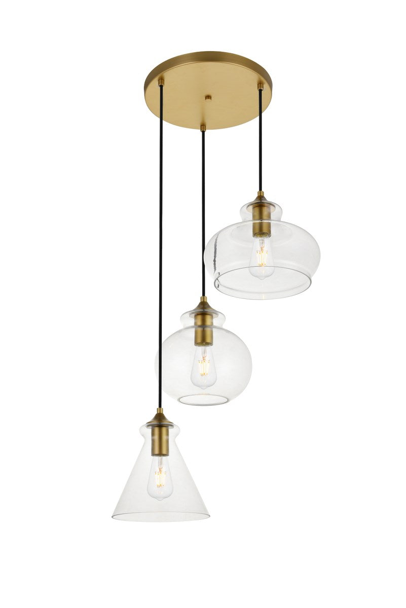 3 Lights Brass Pendant With Clear Glass