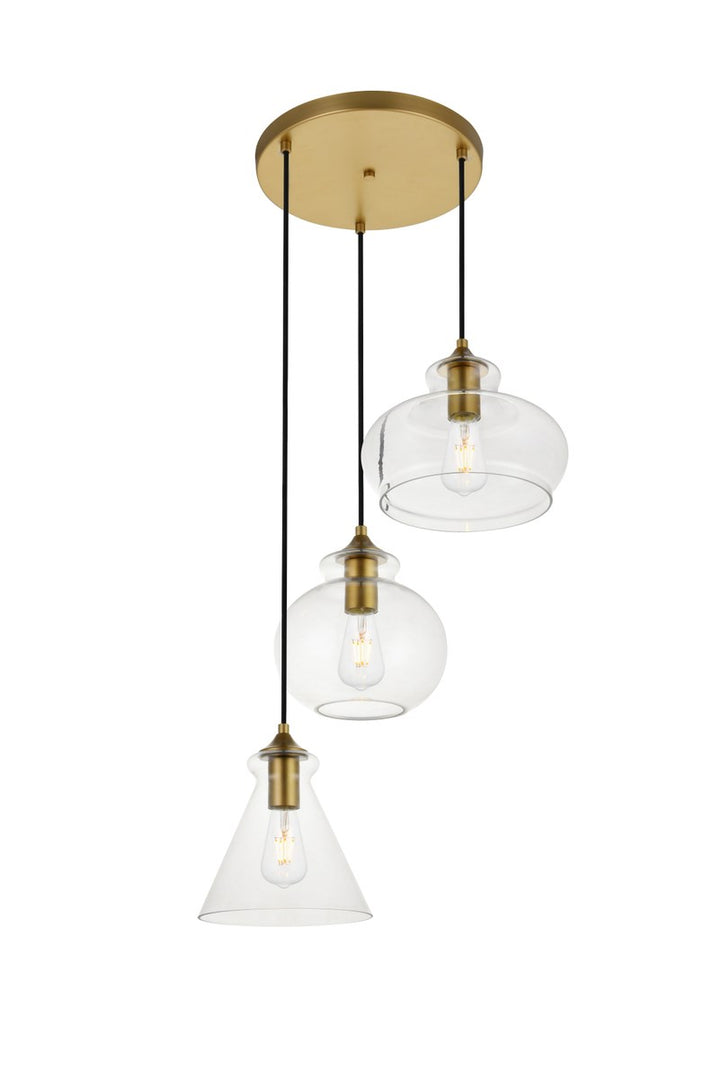 3 Lights Brass Pendant With Clear Glass
