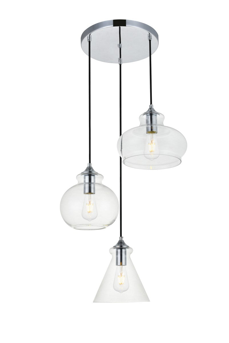 3 Lights Chrome Pendant With Clear Glass by Living District