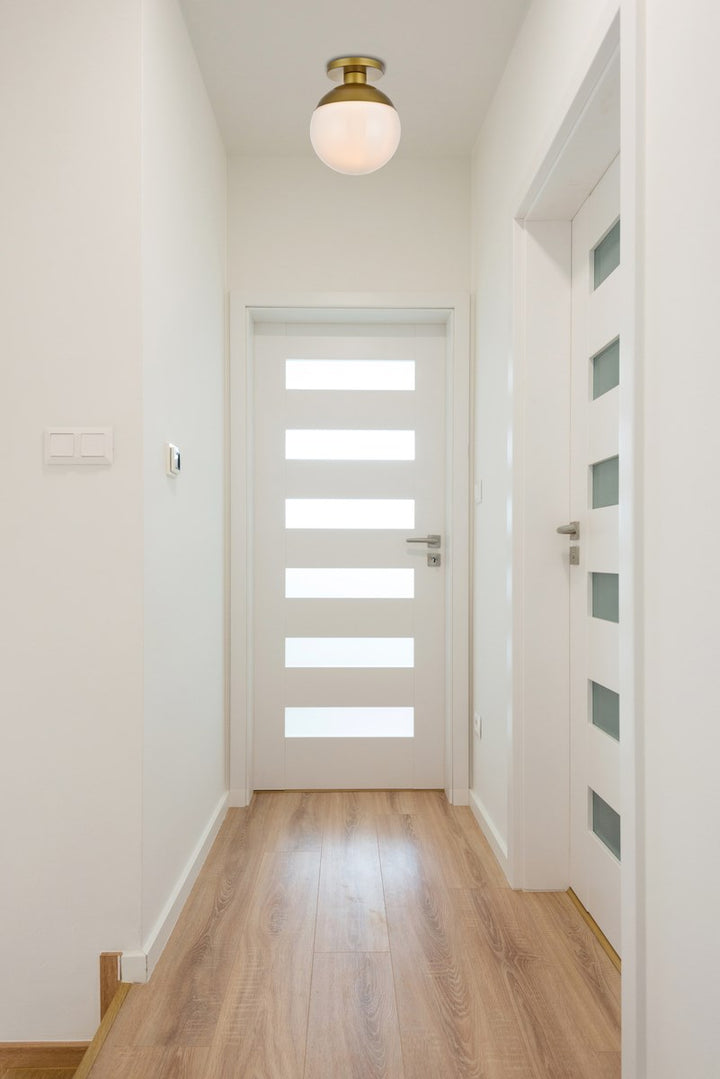 1 Light Brass Flush Mount With Frosted White Glass