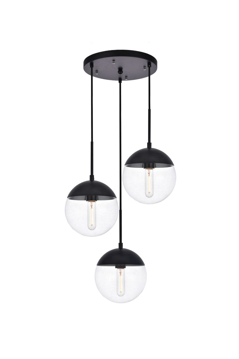 3 Lights Black Pendant With Clear Glass by Living District