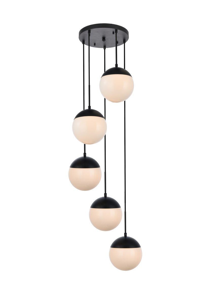 5 Lights Black Pendant With Frosted White Glass by Living District