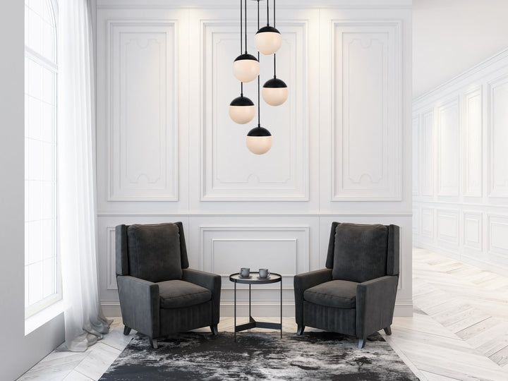 5 Lights Black Pendant With Frosted White Glass