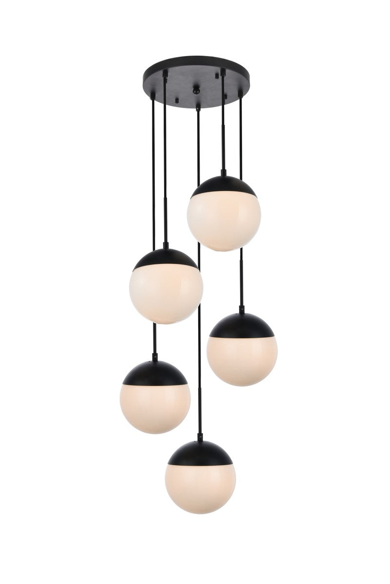 5 Lights Black Pendant With Frosted White Glass