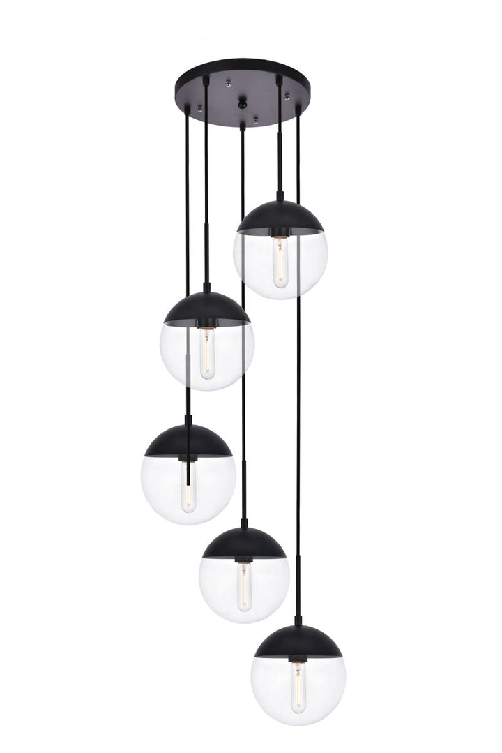 5 Lights Black Pendant With Clear Glass by Living District